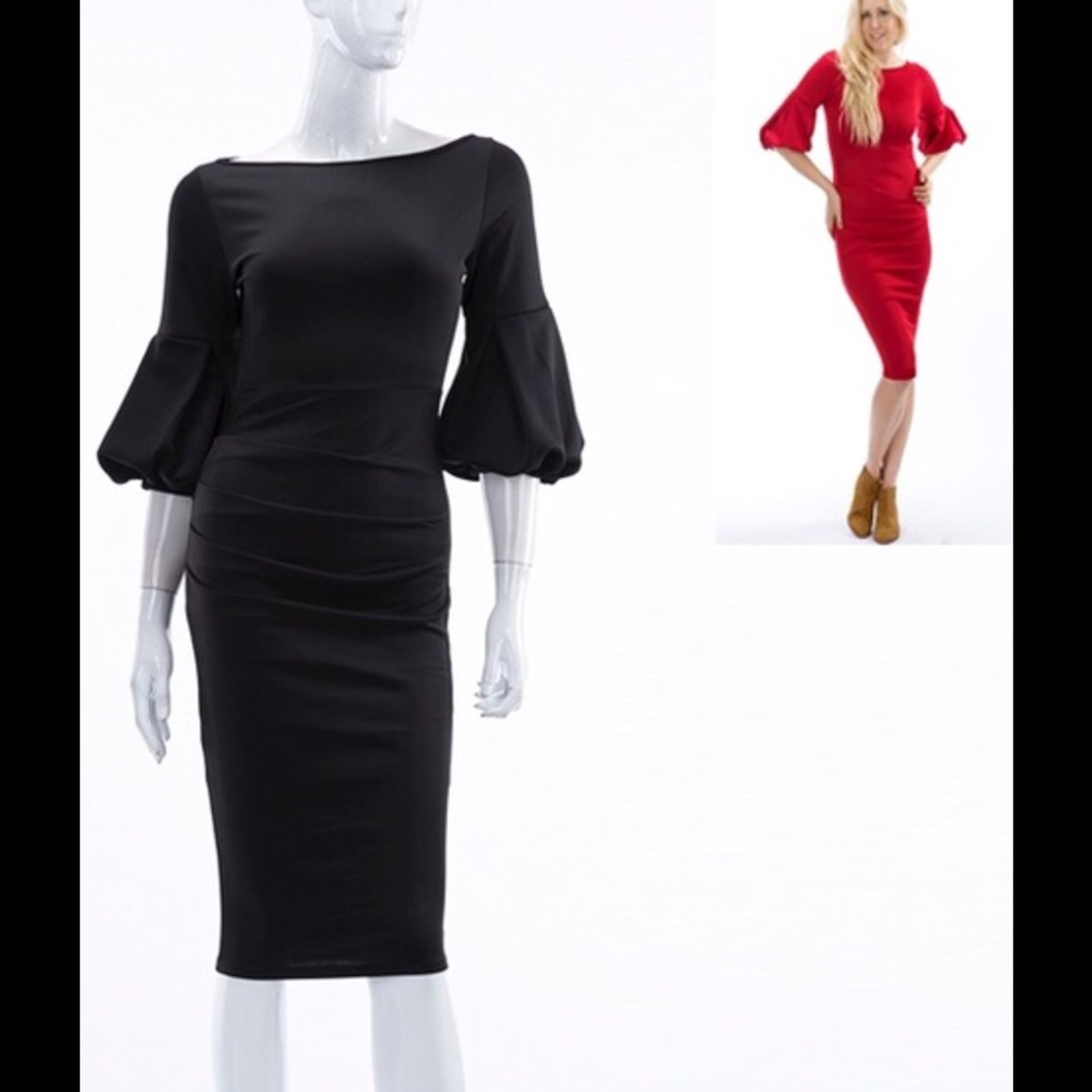 Scuba Bodycon Black Dress with Sleeve Detail